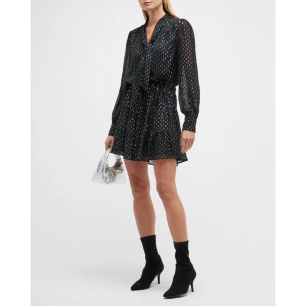Paige Cleobelle Metallic Tie Neck Long Sleeve Dress - Black